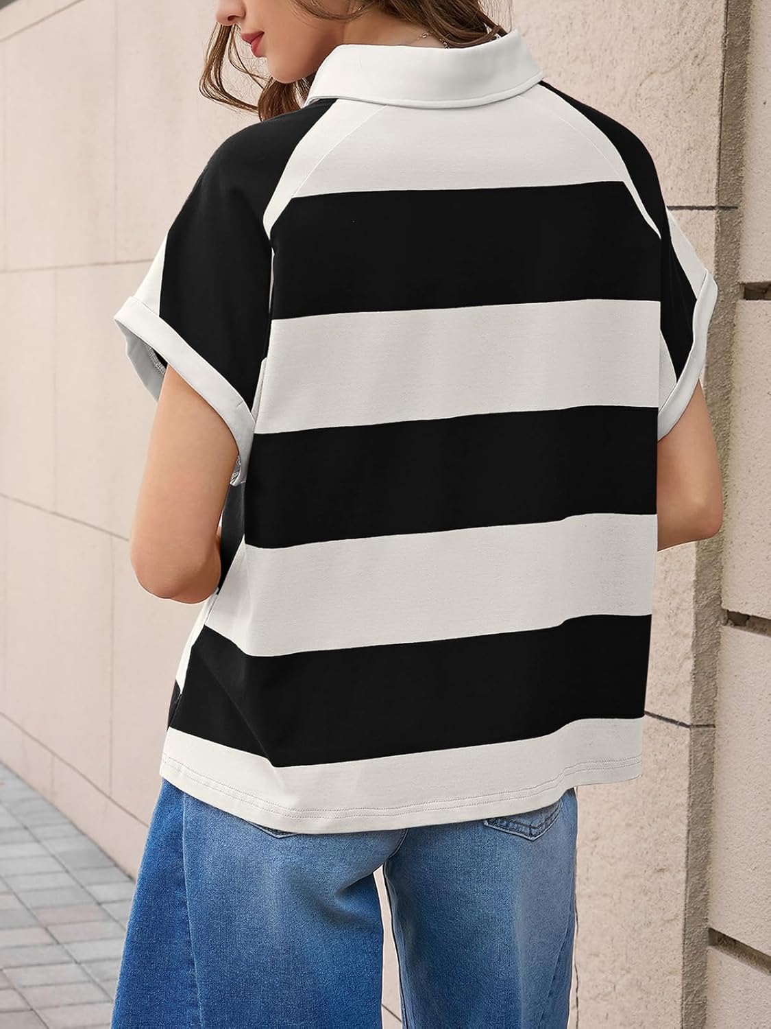 Tankaneo Womens Striped Polo Shirts Summer Short Sleeve Rugby Shirt Oversized Cotton Collared Casual Loose Cropped Tee Tops - Image 2
