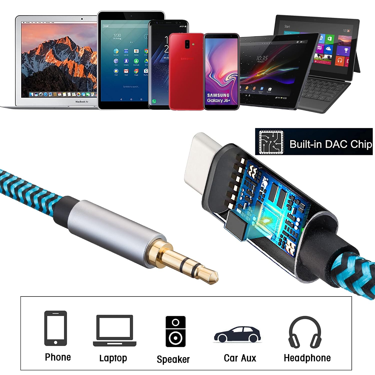 Aux to USB C Cable, 4ft Nylon Braided Type C to 3.5mm Audio Cord for Car Stereo, Headphone Jack Adapter with DAC Chip, Compatible with iPhone 16 15 Pro Max, Galaxy S24 S23 Ultra, Pixel