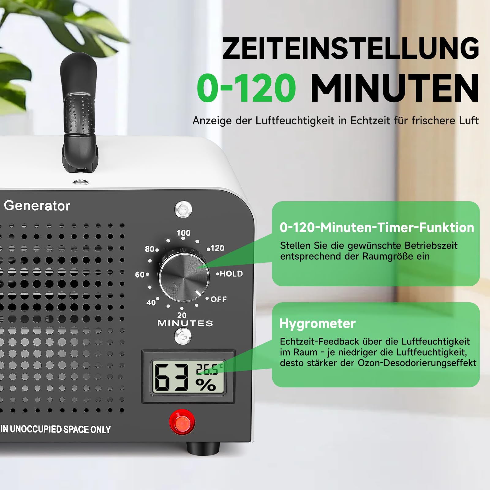 Ozongenerator 60000 mg/h Industrielles Ozon-Gerät mit 120-Minuten-Timer bis 350㎡ O3 Ozonisator Weiß