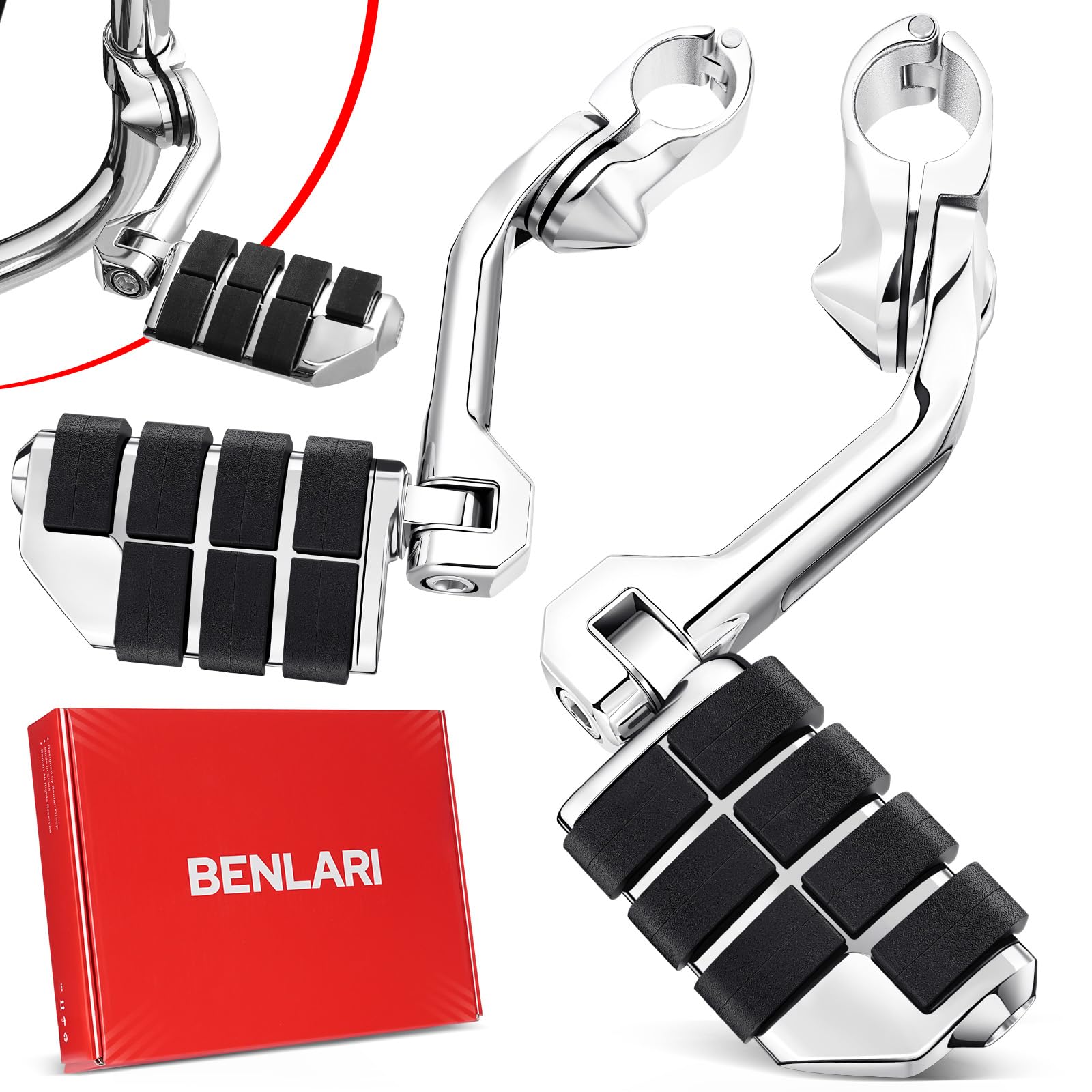 Benlari Adjustable Highway Pegs For Harley – 304 Stainless Steel, Fits 1.25" Engine Guards – Black Long Angled Footpegs
