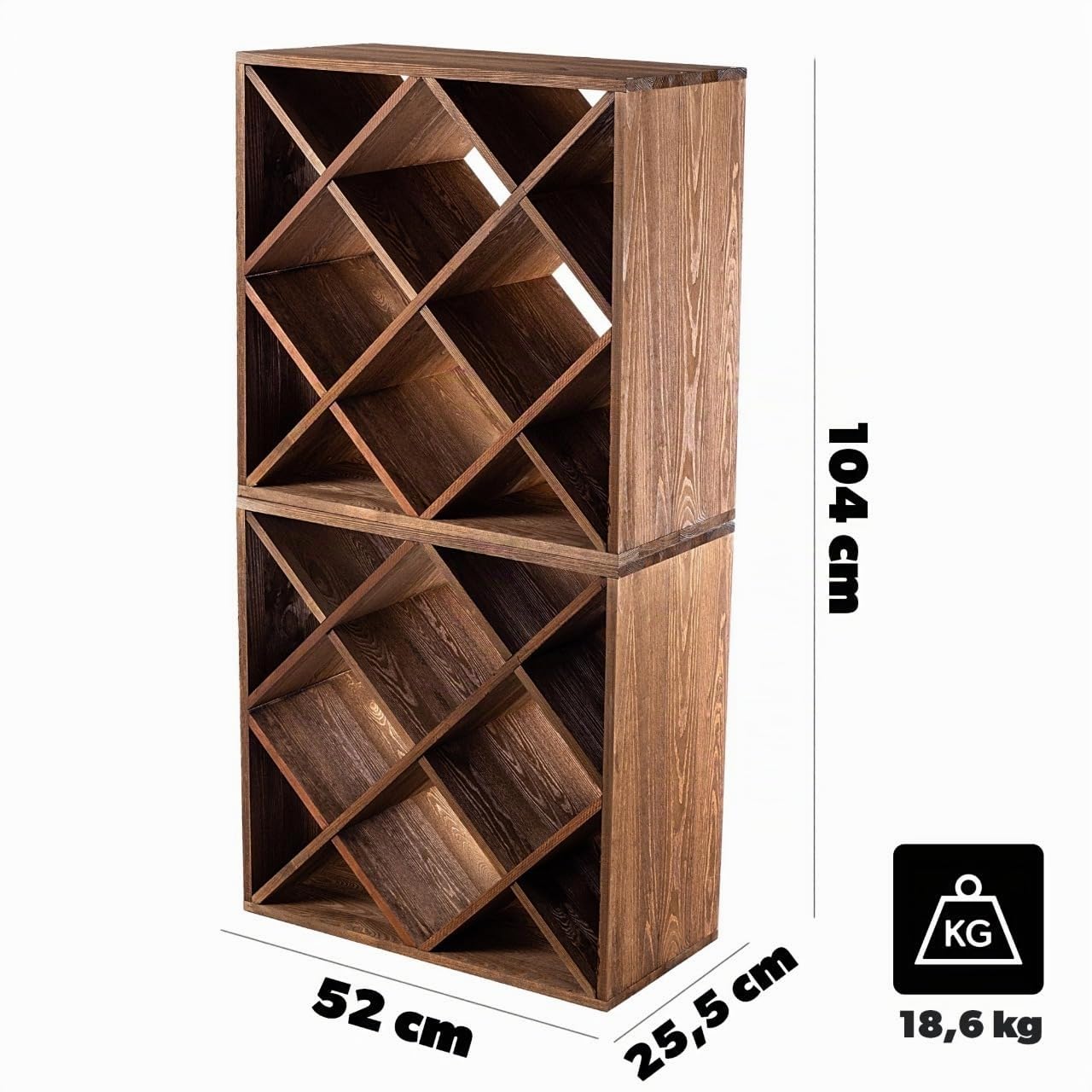 KADAX Casier en bois pour vin, 52 x 25,5 x 104 cm, étagère empilable pour nombre de bouteilles, armoire rustique stable