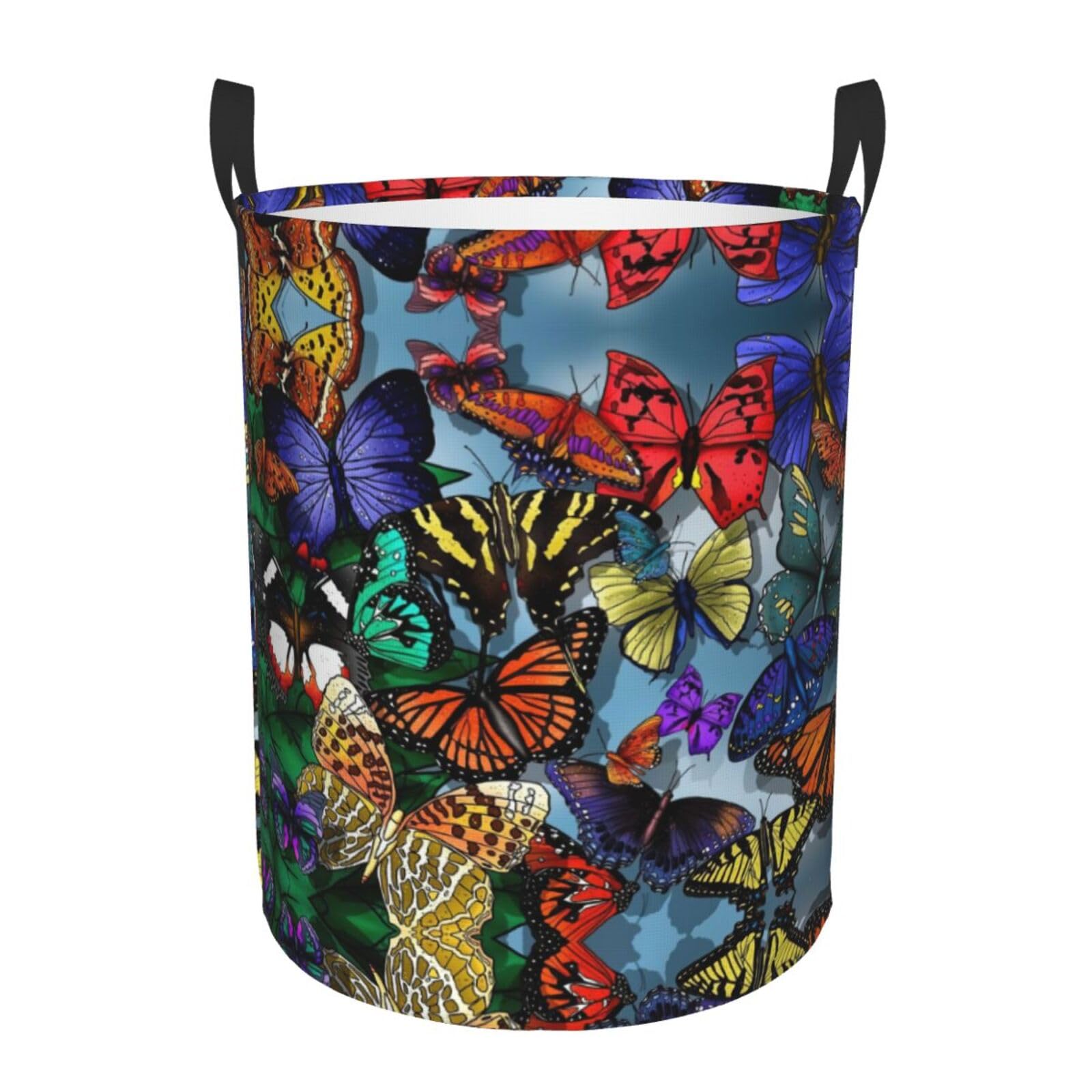 M Collapsible Round Hand drawn color butterfly Print Laundry Hamper