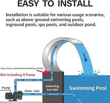 Pool Waterfall Fountain Cascada para Piscina Stainless Steel - Curved Water Feature for Inground Pools Above Ground Pools Outdoor Ponds Backyard Spa 23.6 H*11.8 W