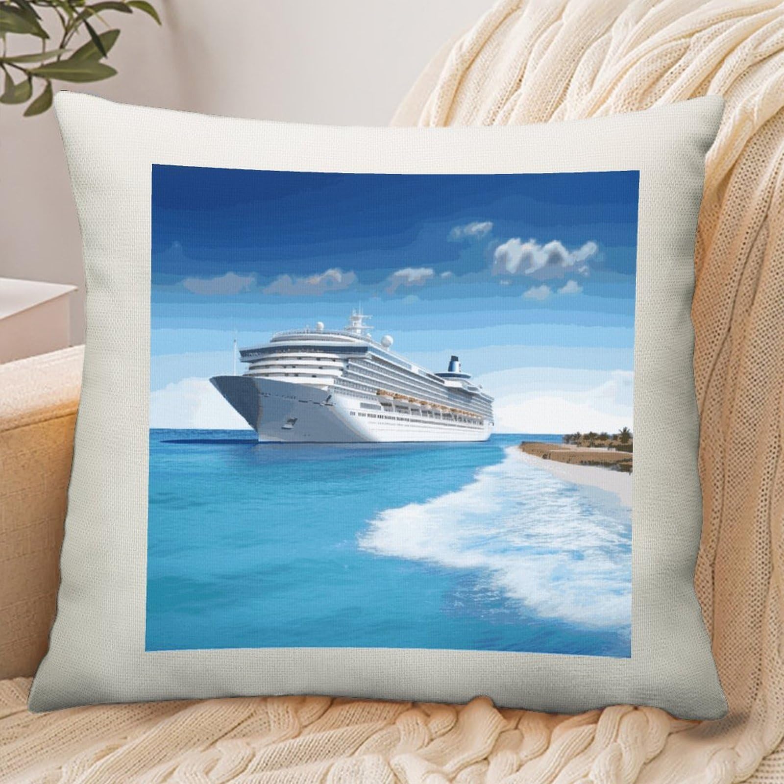 Adfgyerh Style Seaside Cruise Ship Pillow Cover Breathable,Pillowcases Boho Decorative Envelope Closure,Throw Pillow Covers For Beach,Patio,Balcony,Couch Living Room 16 * 16In