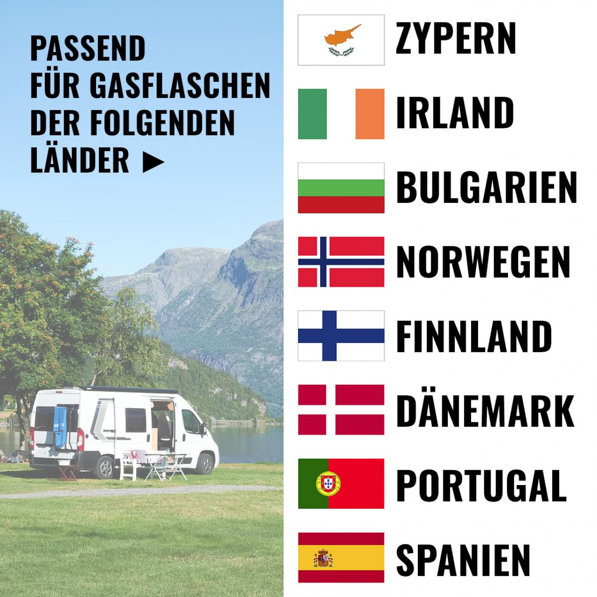 Bluecraft Gasflaschen Adapter für ausländische Gasflaschen in Spanien, Portugal, Norwegen UVM. Clip-On Jumbo 35mm für deutsche Gasregler 30mbar 50mbar