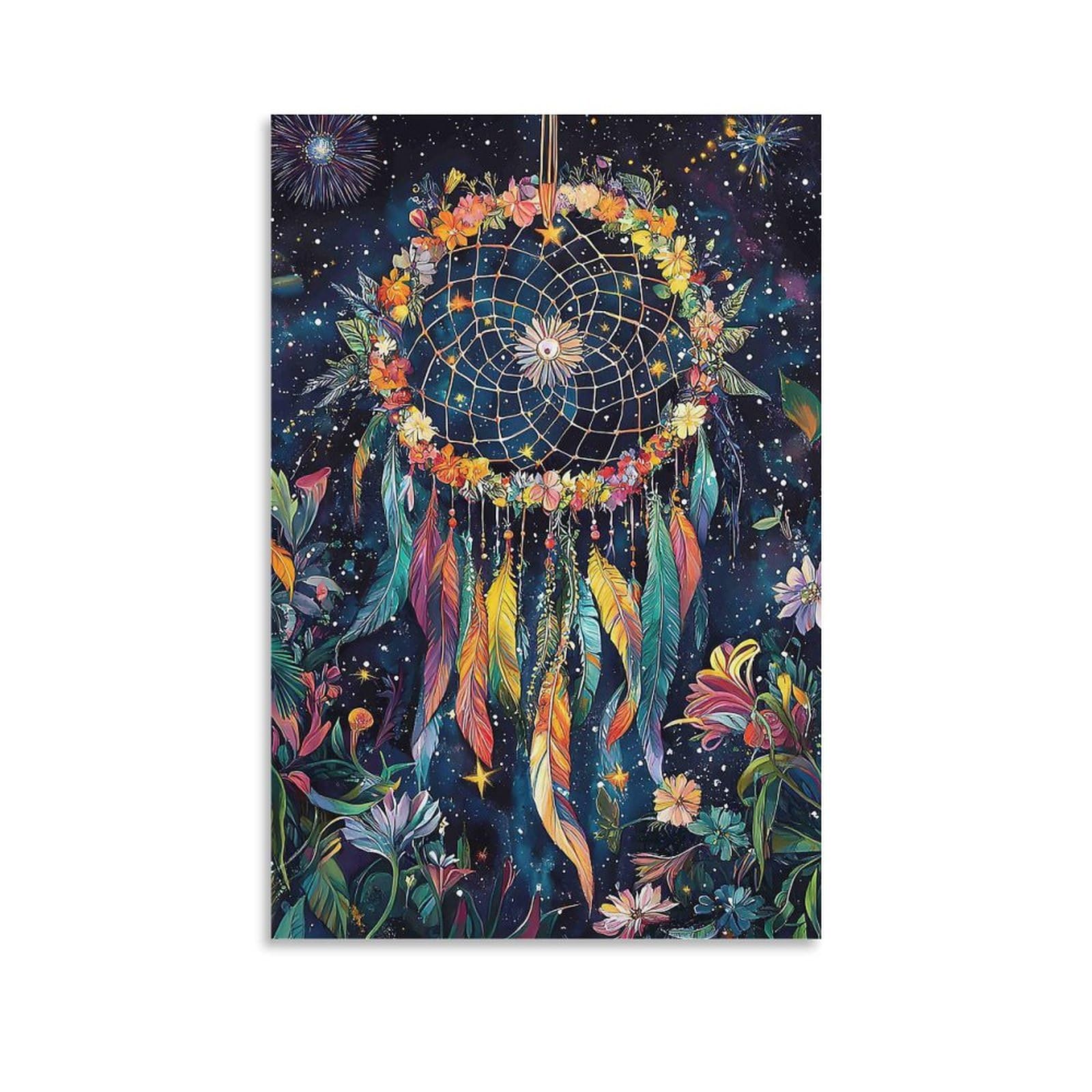 DHBANEIOK Dreamcatcher with Flowers Wall Decor Poster Canvas Prints Picture Modern Wall Art Picture Wall Hanging for Dining Room Kitchen Home Office Decor 24x36inch(60x90cm)