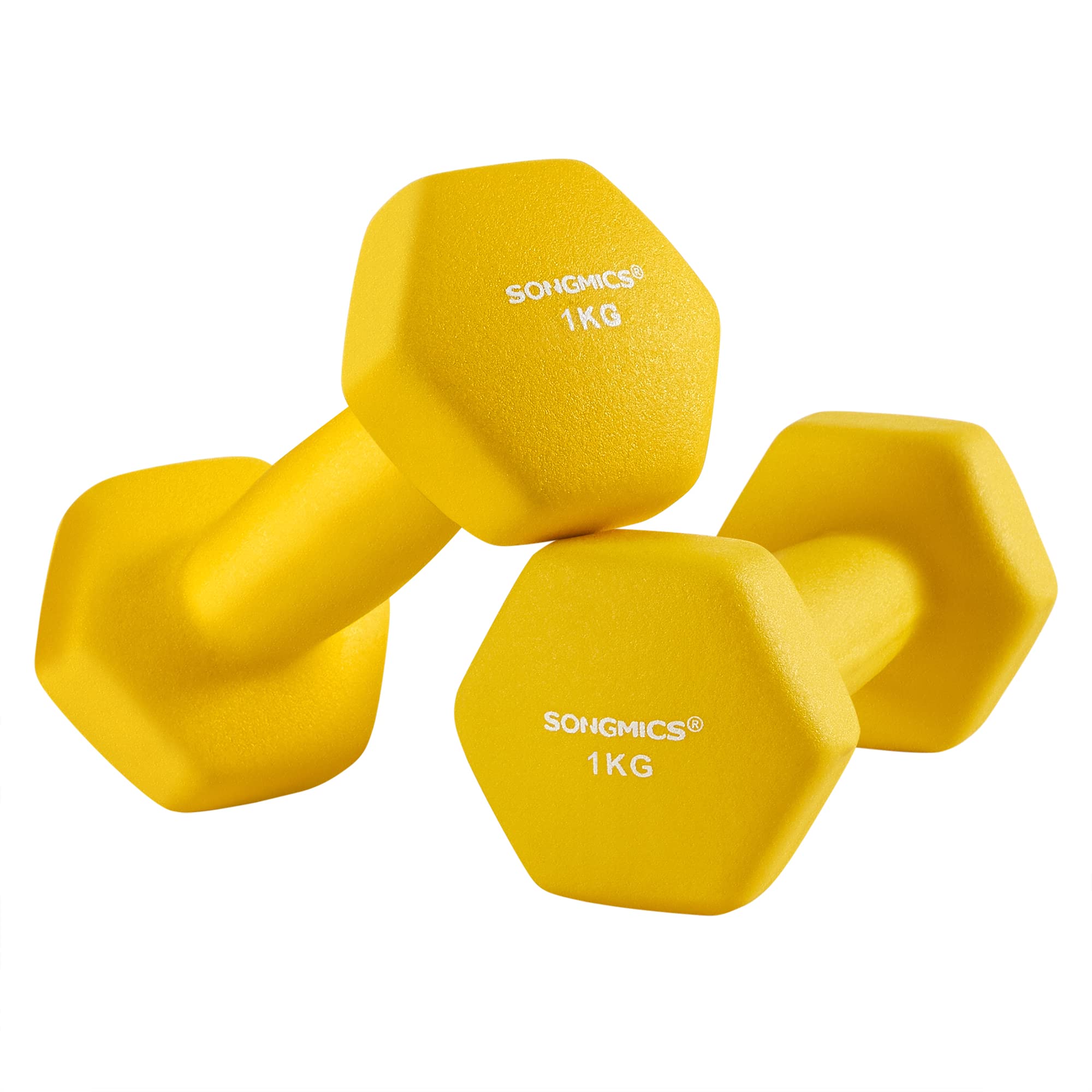 SONGMICS Hantle krótkie, zestaw 4 sztuk, w tym 1 kg, 2 z czego 1,5 kg, trening siłowy, do domu, biura, studia fitness, pomarańczowe i żółte SYL622YL
