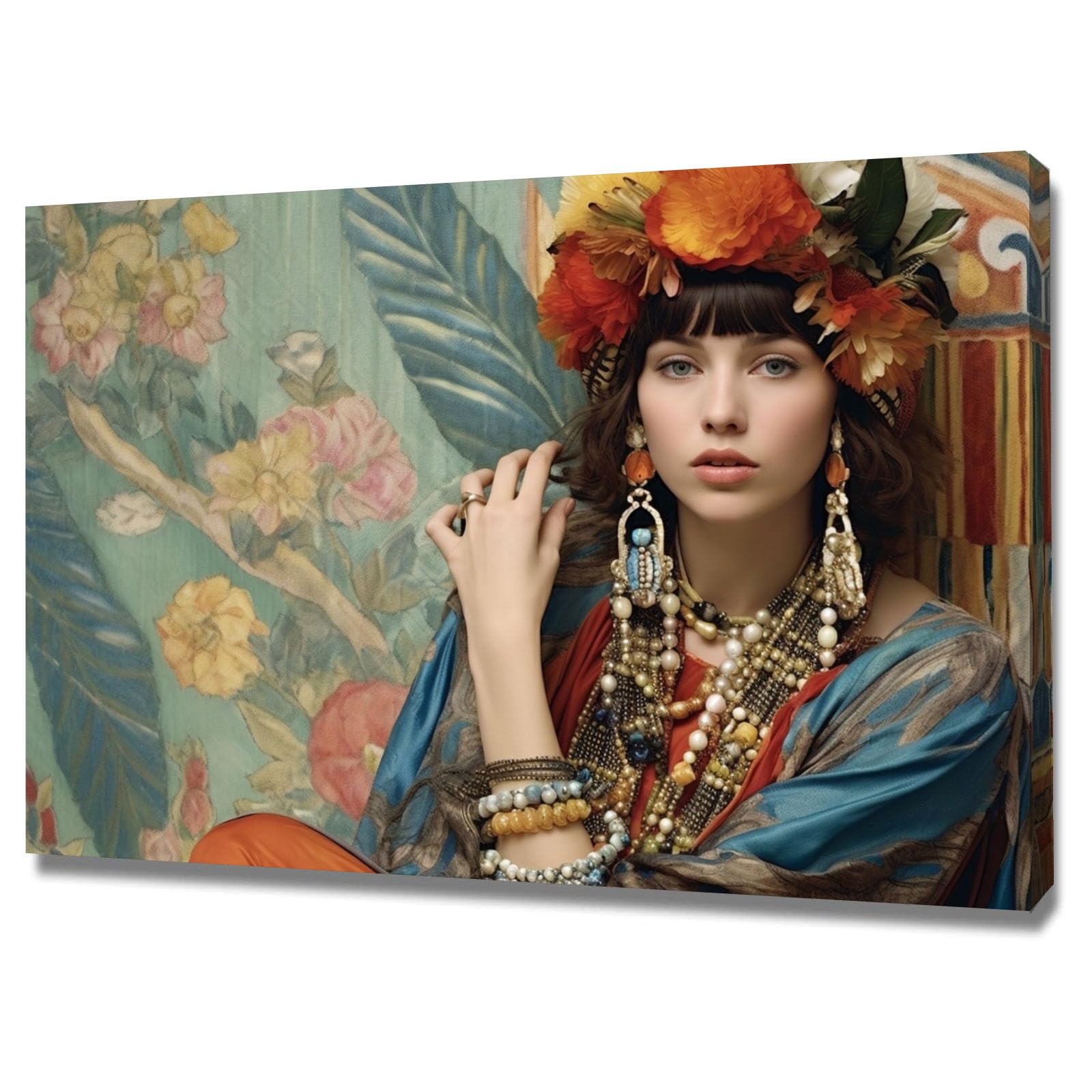 TERUEA Funny Bathroom Wall Art Print Bohemian Woman With Floral Headpiece And Colorful Jewelry Vintage Humor Wall Art Poster for Bathroom Toilet Decor(Blue)-70x100cm Framed