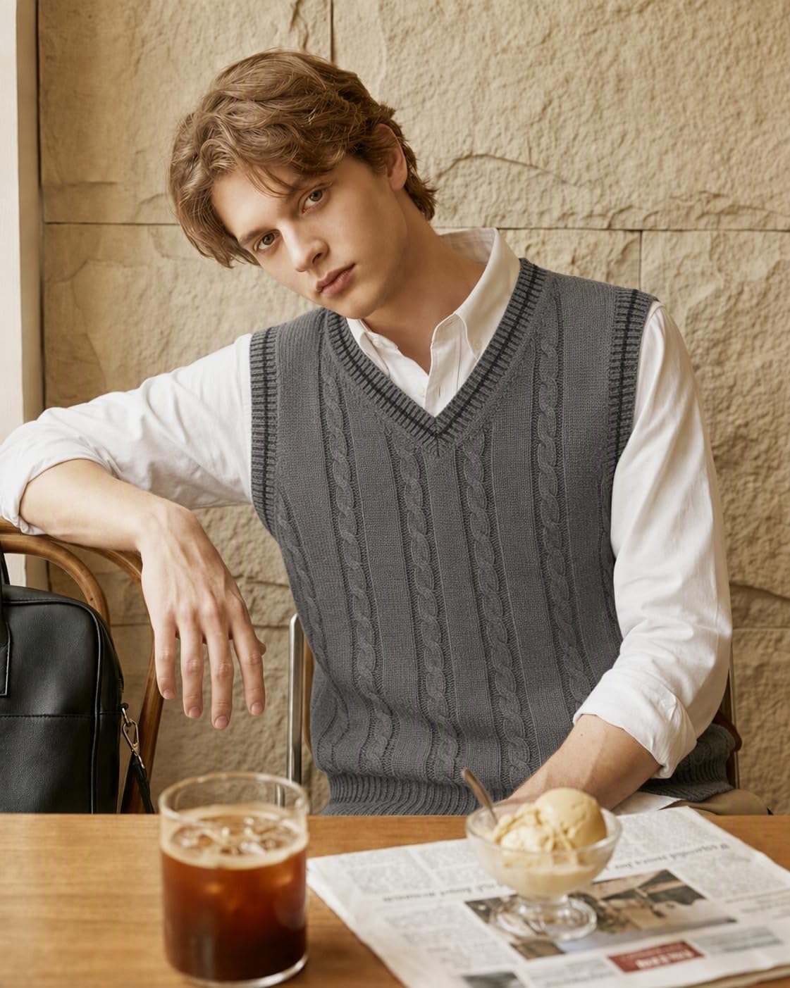 COOFANDY Mens Sweater Vest V Neck Casual Sleeveless Cable Knit Pullover image 5
