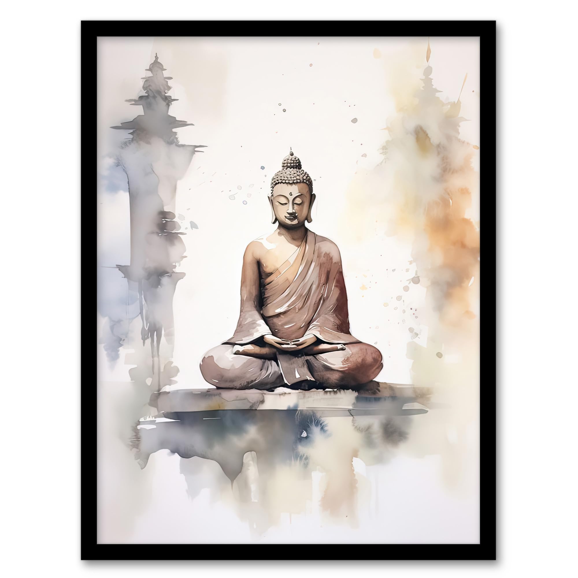 Artery8 Buddha Vihara Meditation Prayer Soft Neutral Watercolour Painting Artwork Framed Wall Art Print A4
