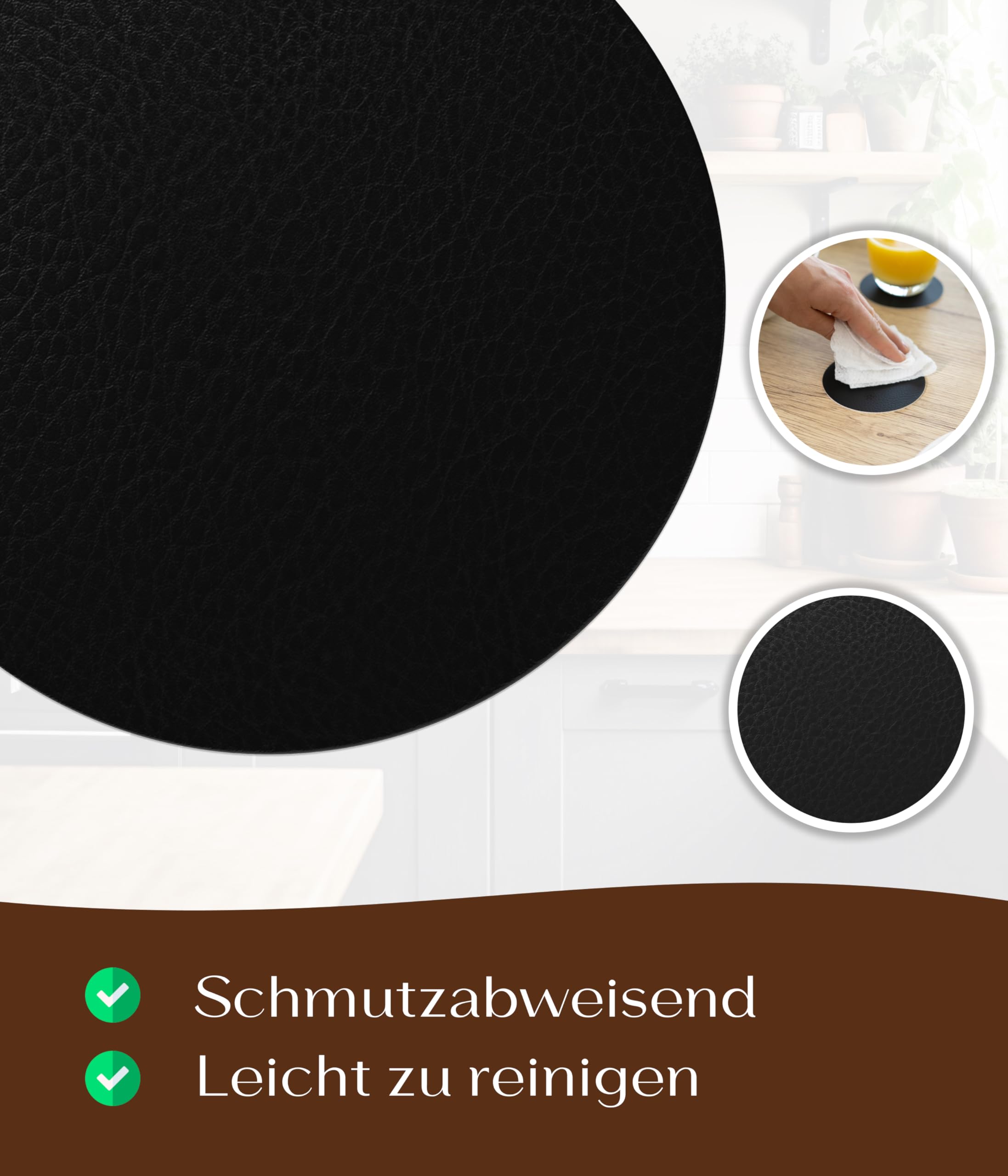 Glass Coasters Set of 6 Leather (Bonded Leather) Coaster Drinks Coasters, Colour: Black, Round 9.5 cm - Image 2