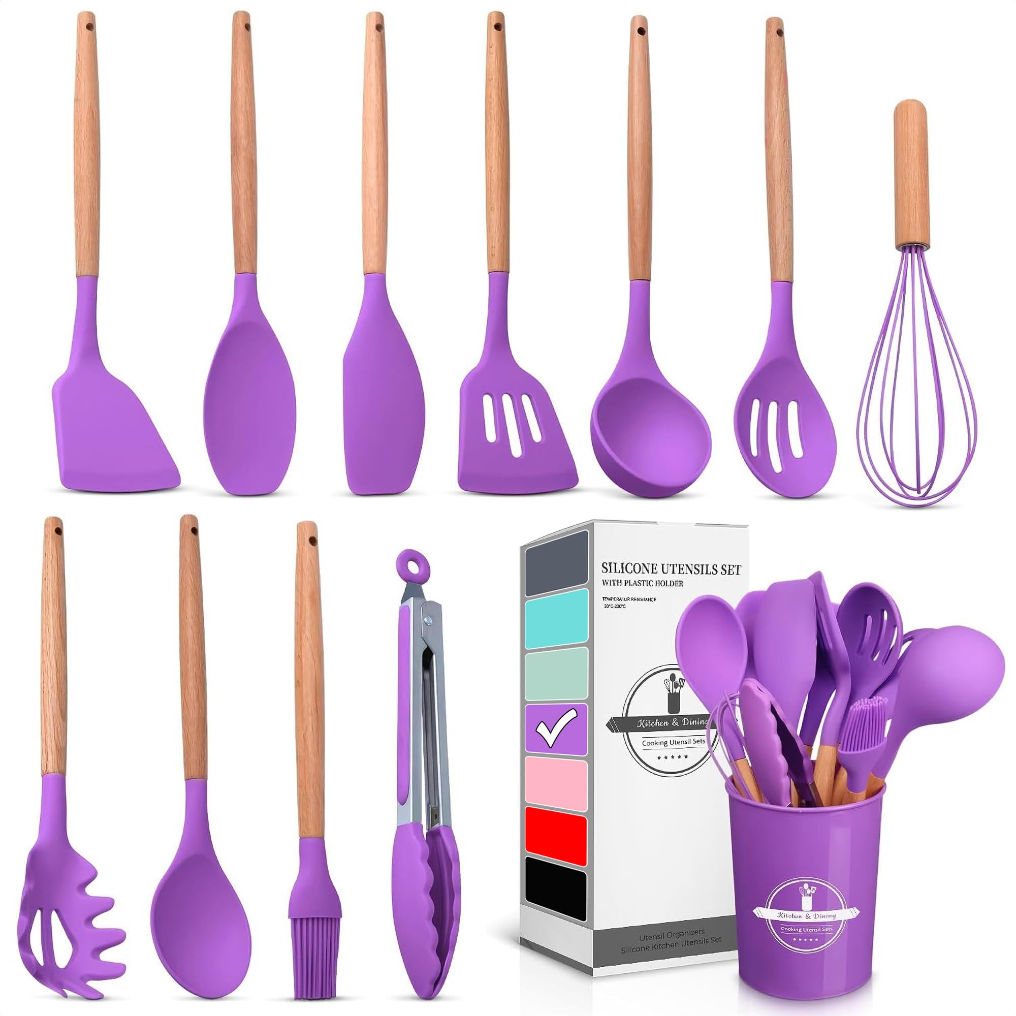 Juego de 12 utensilios de cocina morados con soporte, versátil juego de utensilios de silicona para cocinar y hornear, suave con ollas y sartenes, resistente al calor, elegante, fácil de limpiar