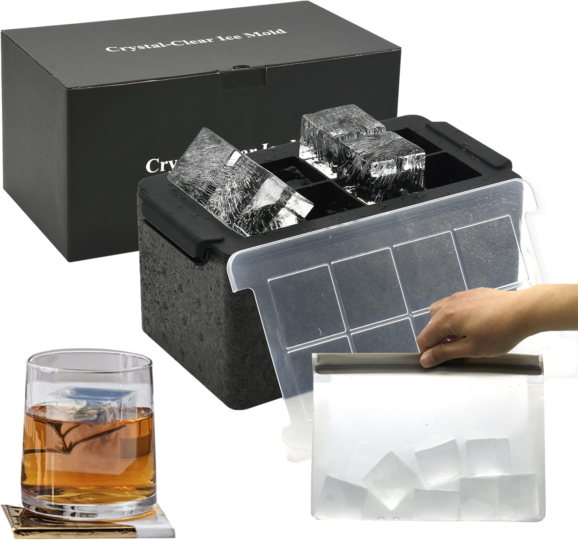 Clear Ice Cube Molds - 2in Giant Ice Cube Maker Tray, 8 Large Clear Ice Cubes for Whiskey and Cocktail with Storage Bag (Cube)