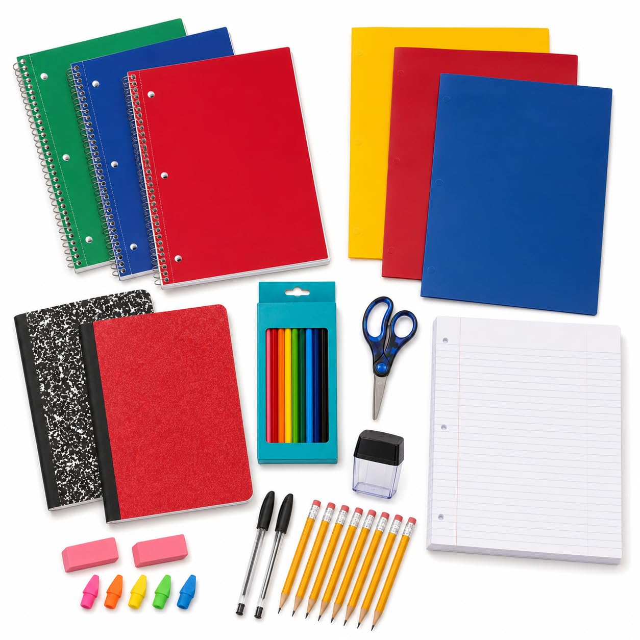 Back to School Supplies Bundle, 25-Piece School Supply Kit with 3 Wide Ruled Notebooks, 2 Composition Books, 3 Folders, Filler Paper, Colored Pencils, Scissors, Pencils, Pens and Erasers