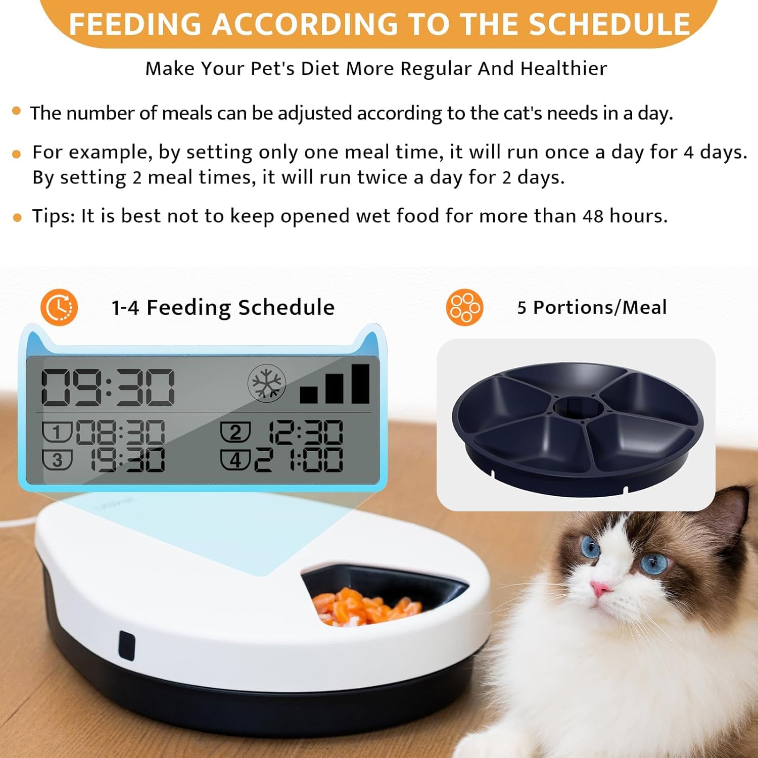 Cat Wet Food Automatic Feeder with Semiconductor Cooling, 5 Compartments (330g Each), Timer Setting, 1-4 Days Freshness, Food-Grade PP Plates, Dishwasher Safe & Fully Washable for Indoor Cats - image 3