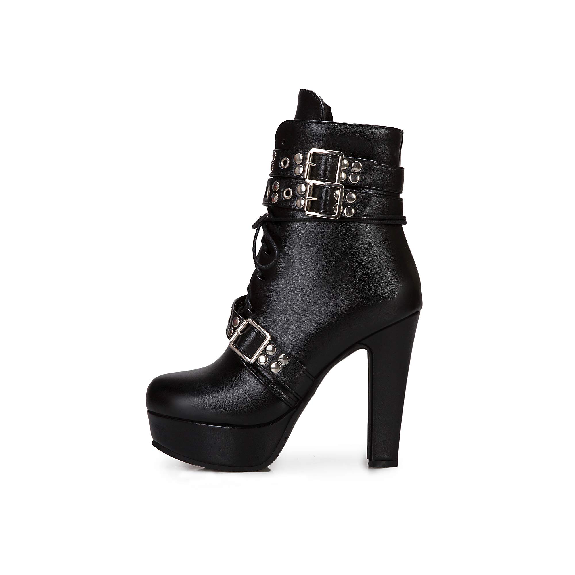 JIEEME Moda de mujer con cordones Cremallera Tacón bloque Tacón alto Punta redonda Plataforma Caminar Fácil Cómodo Botas de caña corta para mujer z39961