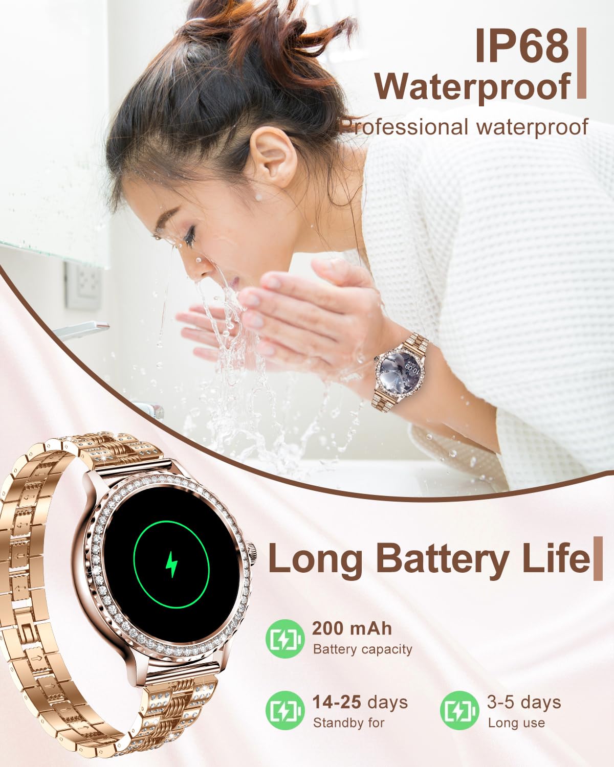 Smartwatch Donna, 1,3'' HD Orologio Smartwatch con Chiamate BLE5.2/Notifiche Messaggi/110+ Sport/Cardiofrequenzimetro/SpO2/Sonno, Orologi Fitness IP68 per Android iOS, Regalo Donna, Oro Rosa