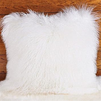 Seek4comfortable Real Mongolian Lamb Fur Throw Pillow Cover 16x16 inch, White |Fur Decorative Cushion Cover Pillow Case for Living Room Bedroom