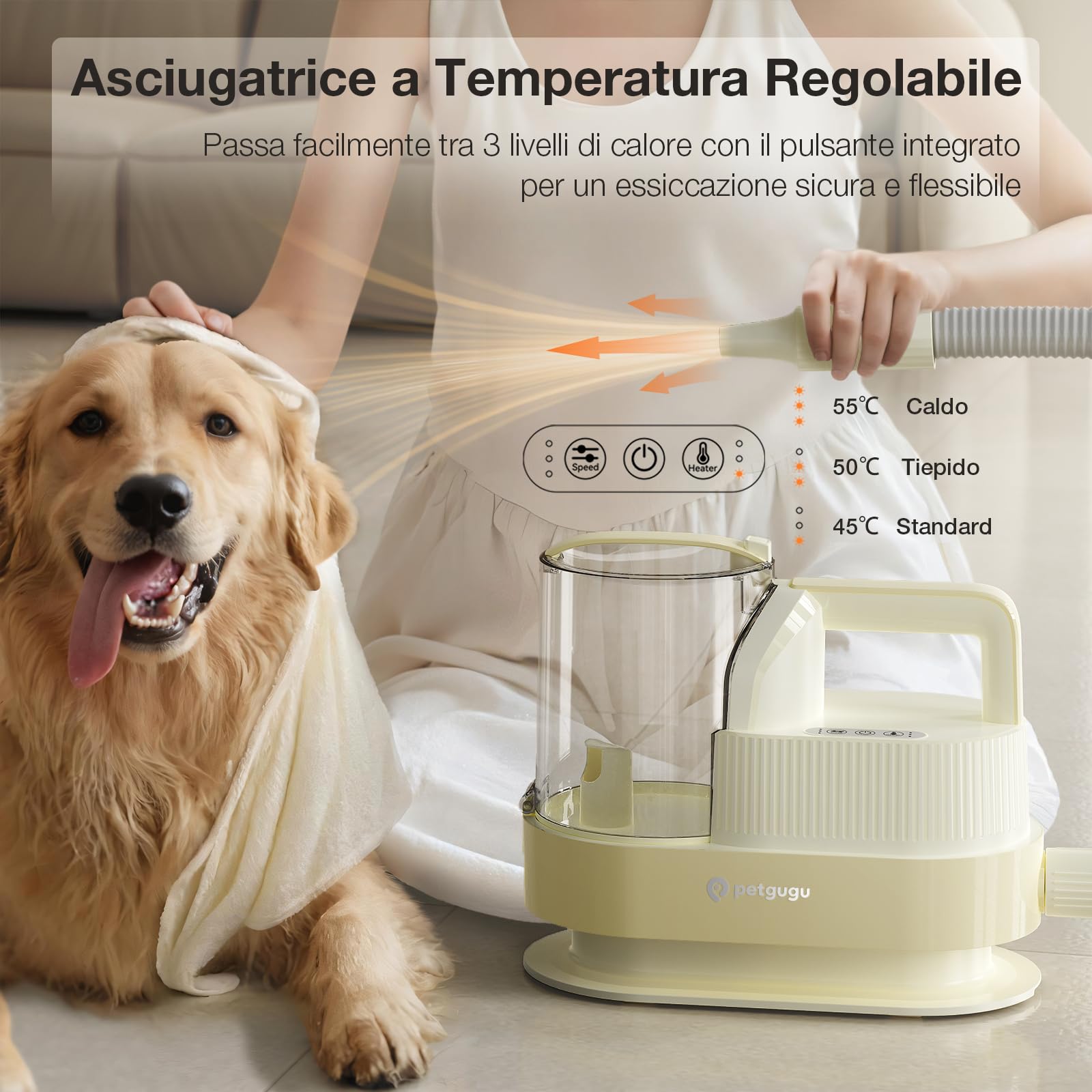 PETGUGU Tosatrice per Cani con Aspirapolvere, 7-in-1 Toelettatura per Cani e Gatti, 11000Pa Potente Aspirazione, Contenitore 2.5L, Dispositivo Silenzioso con 3 Livelli e Funzione Asciugatura, M1 Pro
