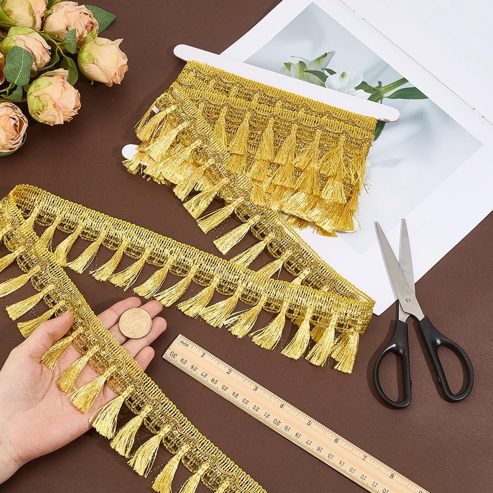 GORGECRAFT 6.5 Yards 2.2 Inch Gold Fringe Tassel Trim Metallic Polyester Fringe Trim Golden Tassel Ribbon Lace Edging Triming for DIY Sewing Crafts Costumes Clothing Curtain Tablecloth