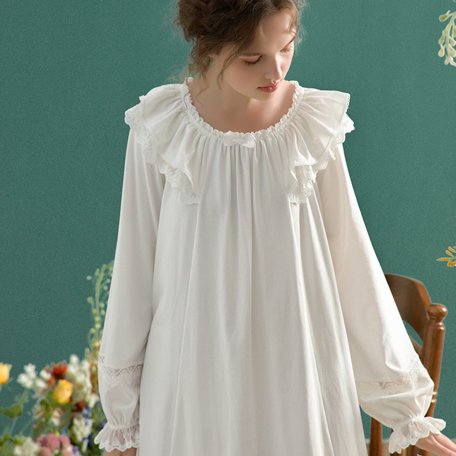 OFFSUM Camisón De Pijama De Mujer - Primavera Otoño Dulce Princesa Algodón Cuello Redondo Bowknot Cómodo Camisón Elegante Casual Ropa De Dormir Vestido Ropa