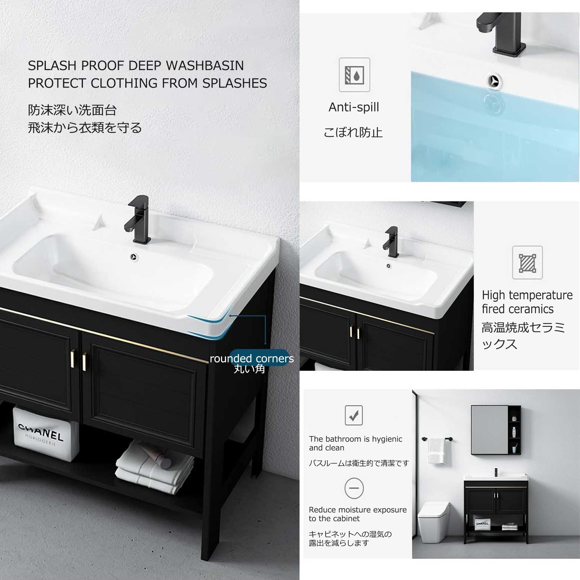 Lavandino 1 vasca Lavello da Cucina Lavabo da bagno nero con lavabo per lavabo per lavanderia, rubinetto per lavabo in ceramica, per il miglioramento della casa e commerciale (Color : Sink+Mirror C,