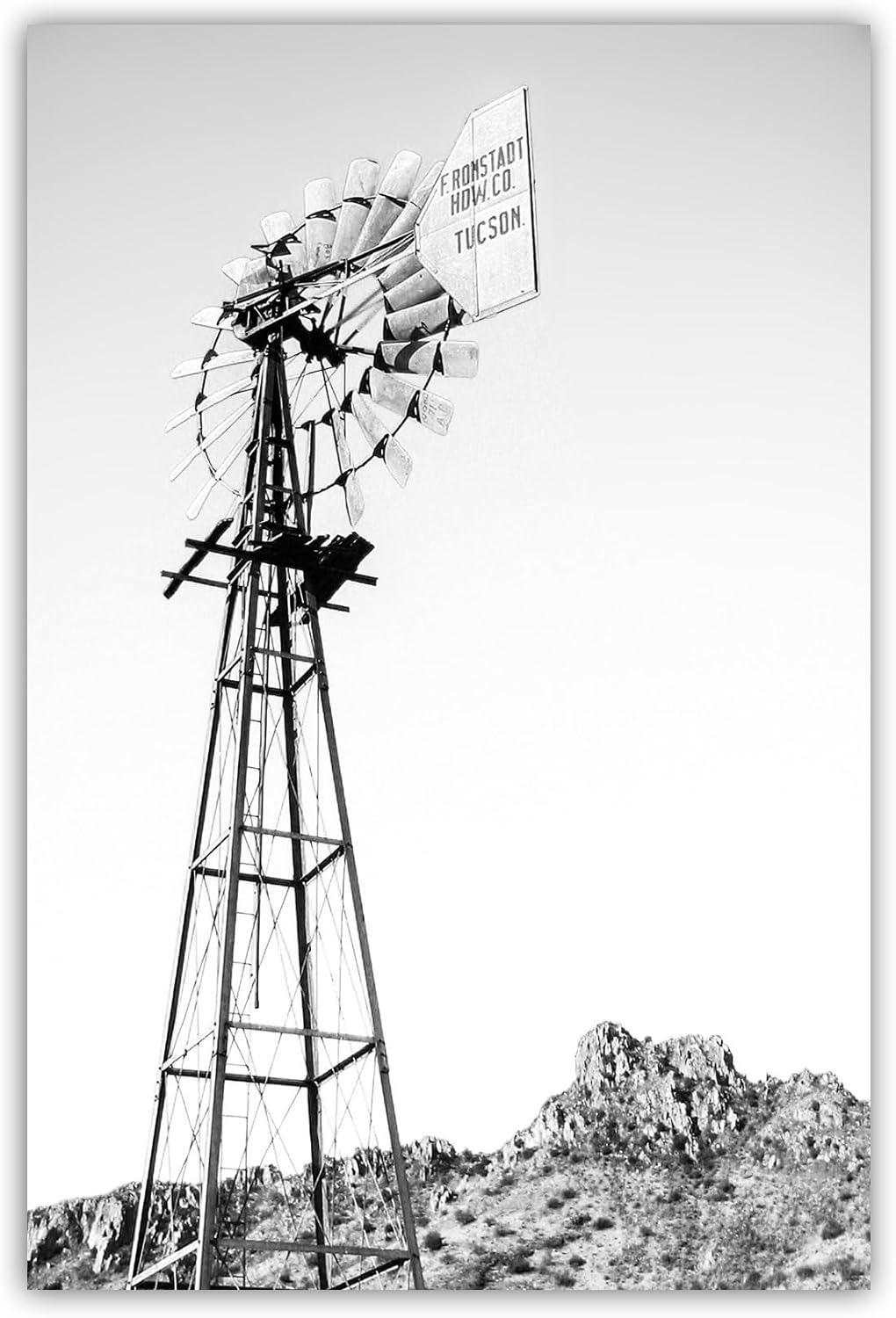 Black and White Ranch Photograph of Vintage Western Windmill in Tucson Arizona Mountain Desert