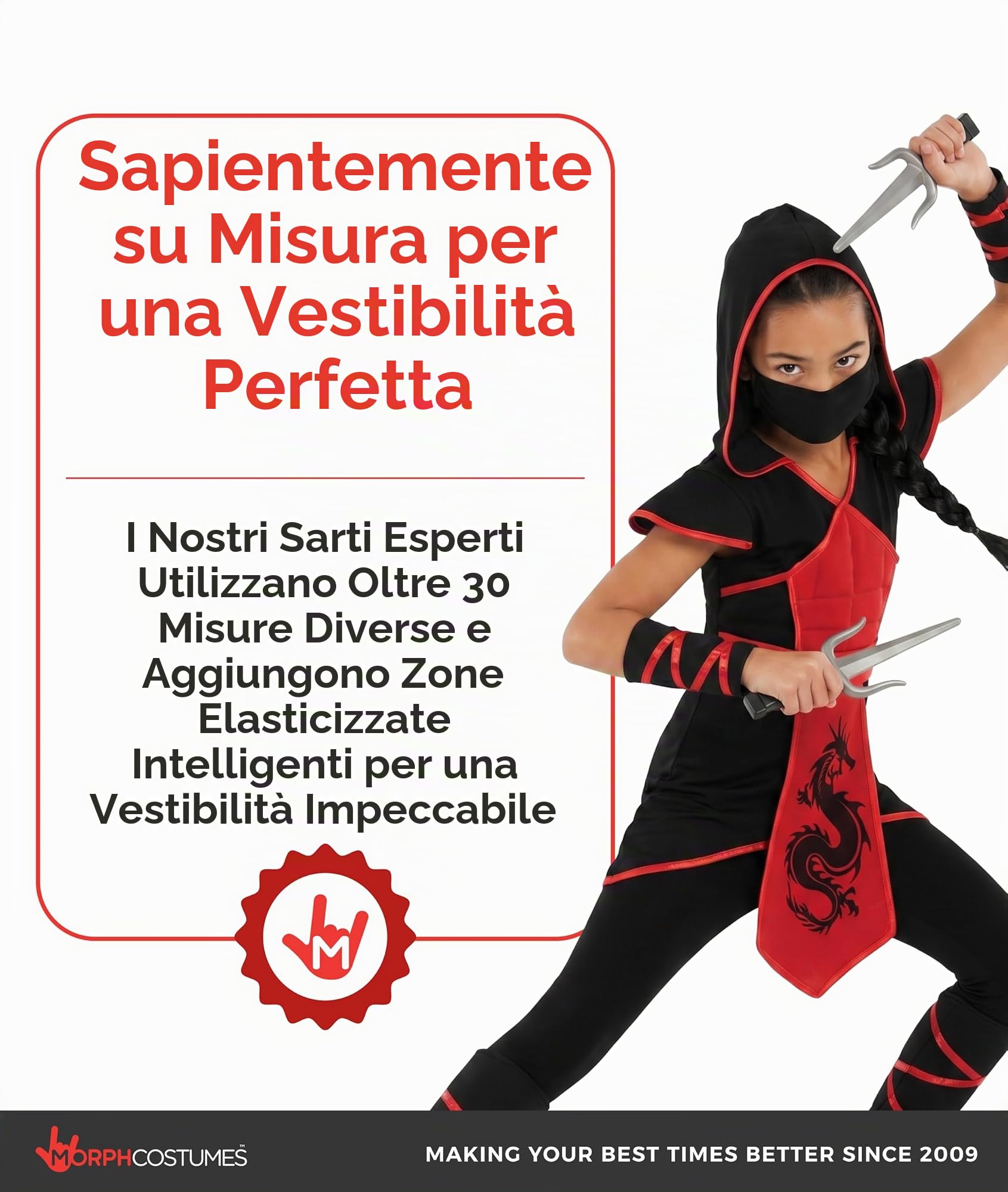 Morph Costume Ninja Bambino, Costume Halloween Bambino | Tunica con Cappuccio, Polsini, Maschera & Pugnali, Look da Ninja, Perfetto per Halloween, Ideale per il Gioco di Ruolo