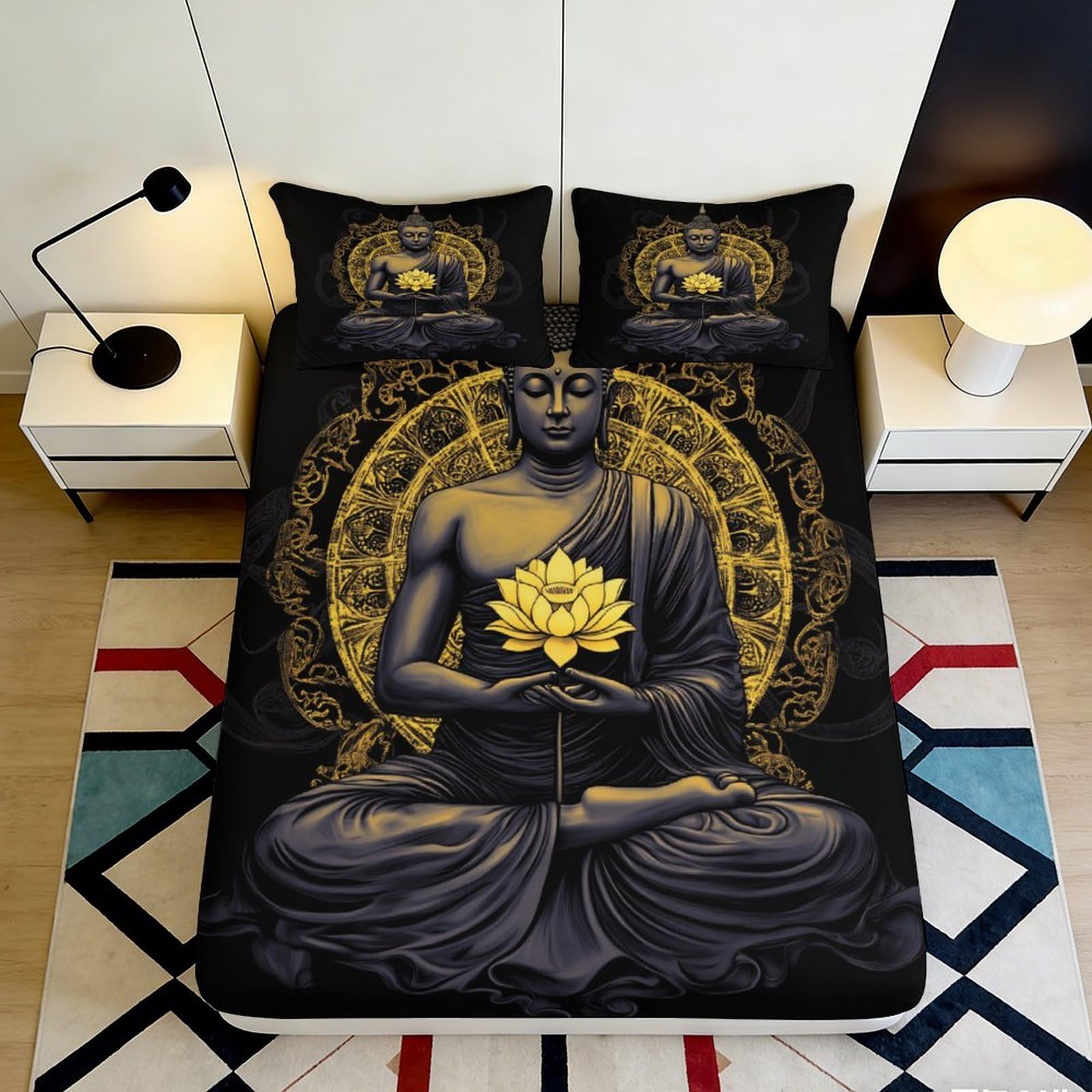 Pnayamiorkfel Style-3 3D Printed Golden Buddha Fitted Sheet Microfiber Soft Decorative Lotus Mandala Mattress Cover For Bedroom Dorm Room 90X200x25cm