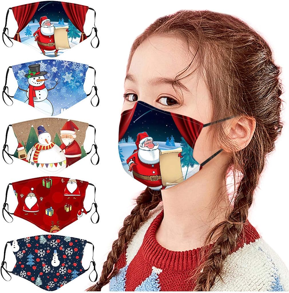 5PCS Christmas Decorations Kids Breathable Face_Mask Children Adjustable Covers Washable and Reusable Santa Print : Baby