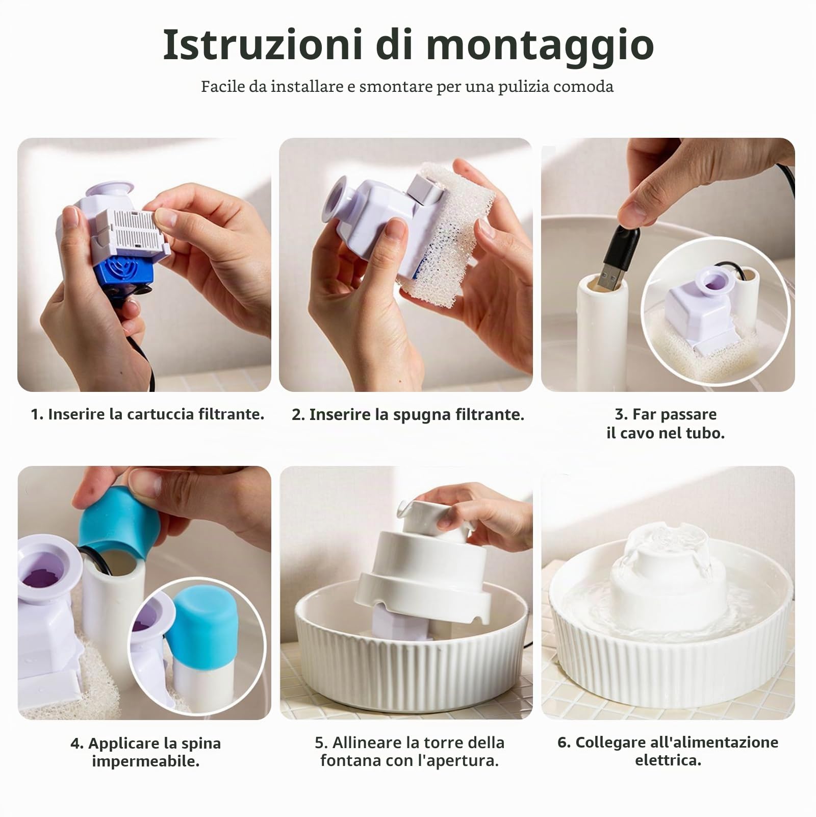 Fontana in ceramica per gatti, 2,1 l, con 1 filtro e schiuma e 1 pompa ultra silenziosa, colore bianco