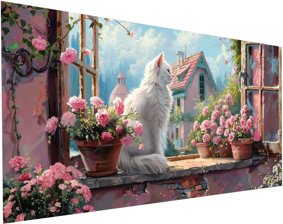 Peinture Diamant Fleurs et Chat Décoration Salon Activité Manuelle Adulte
