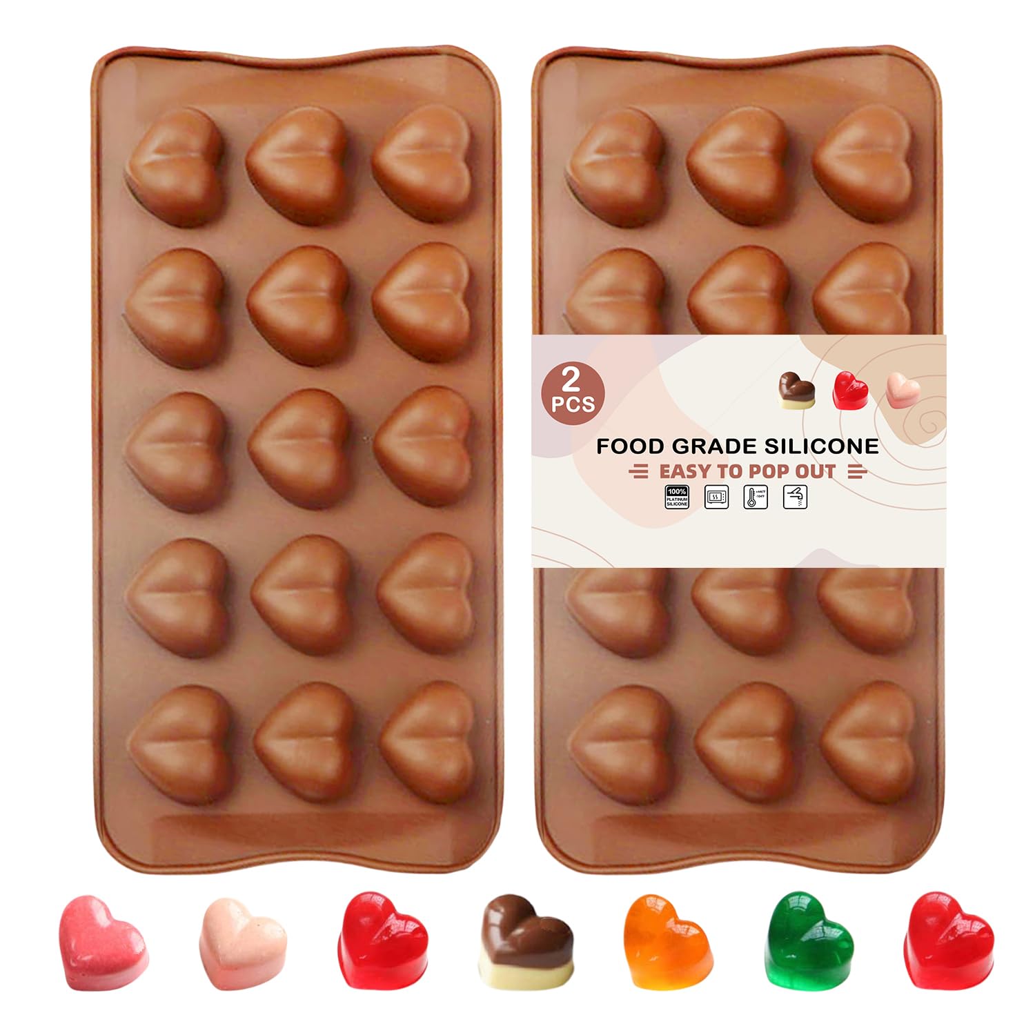 2PCS:Heart Silicone Moulds– Nonstick Food-Grade Chocolate & Candy Molds for Valentine's Day, Wax Melts, Ice Cubes, Gummy & DIY Crafts, Mini Baking Molds.