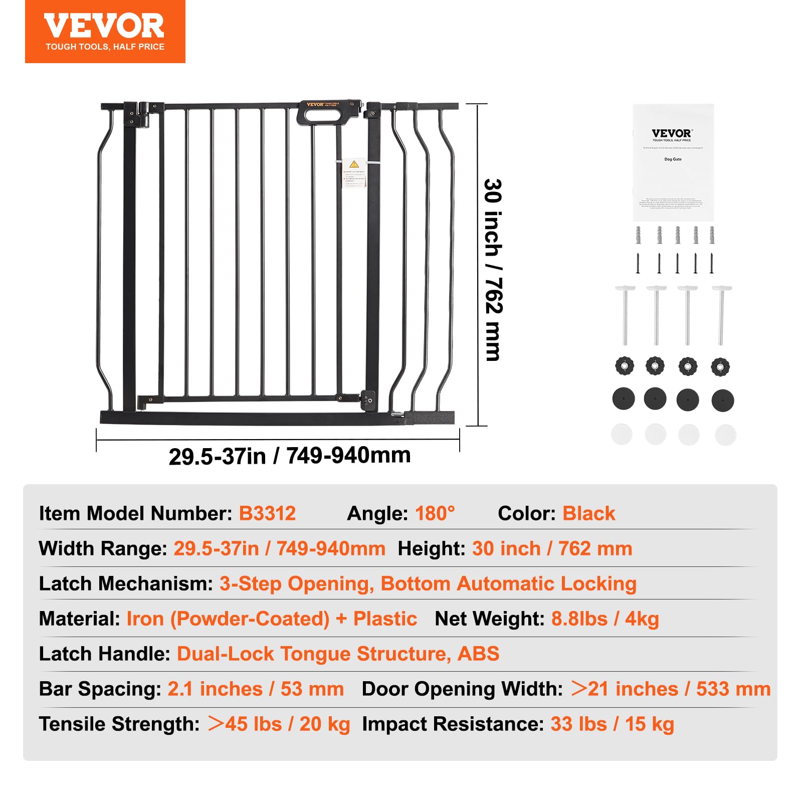 VEVOR Barrière de Sécurité Extensible 75-99 cm Hauteur de 76 cm Barrière d'Escalier à Fermeture Automatique sans Perçage Grande Ouverture 533 mm à 180° Clôtures Enfants et Chiens pour Couloir Noir