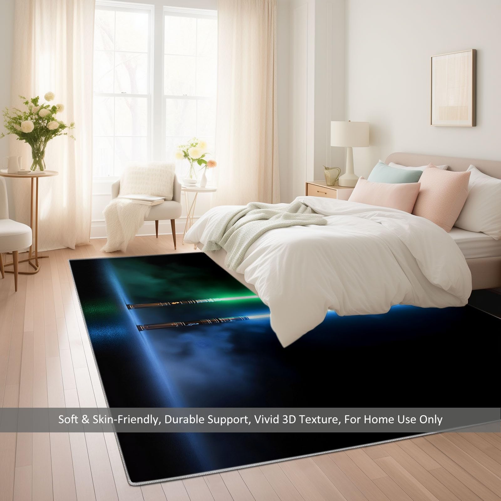 Gaming Teppich für Jungenzimmer 120x170cm Minimalismus Fantasie Lichtschwert, Rutschfester Waschbarer Kurzflor Schwarz Teppich für Gaming Setup Spielzimmer, Weiches Flanell Dekor für Kinder Teenager