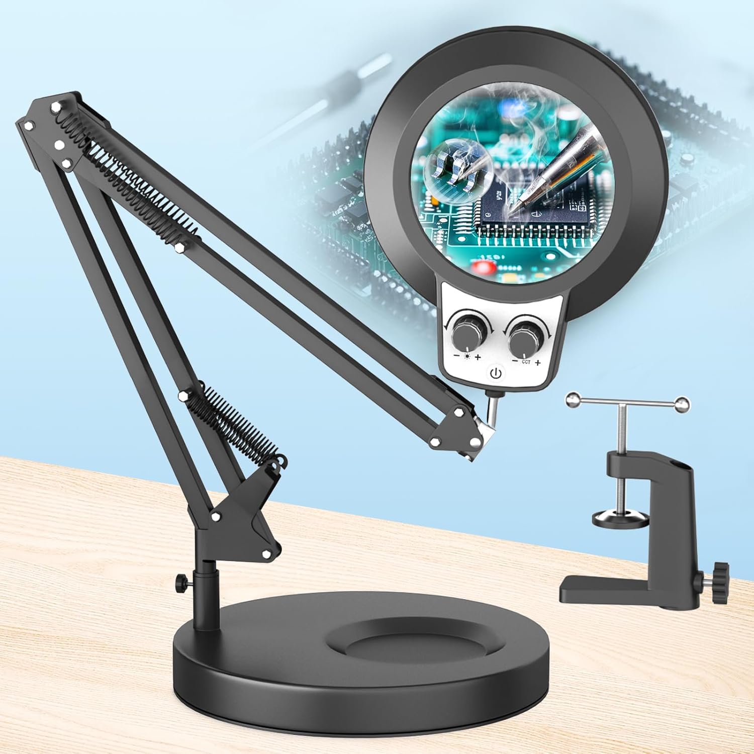 12X & 30X Magnifying Glass with Light, New Upgrade Infinite Color and Brightness Desk Lamp & Clamp, 2-in-1 LED Lighted Magnifier Stand for Craft Reading Hobby Soldering Puzzle Close Work- Black 12X & 30X Overhead Switch