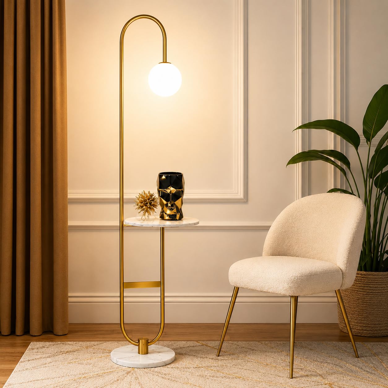 Modern Gold Floor Lamp with Marble Side Table, Frosted Glass Globe Shade, Metal Standing Lamp with Round Storage Shelf, E27 Holder, Contemporary Corner Light for Living Room Bedroom Office-image-32