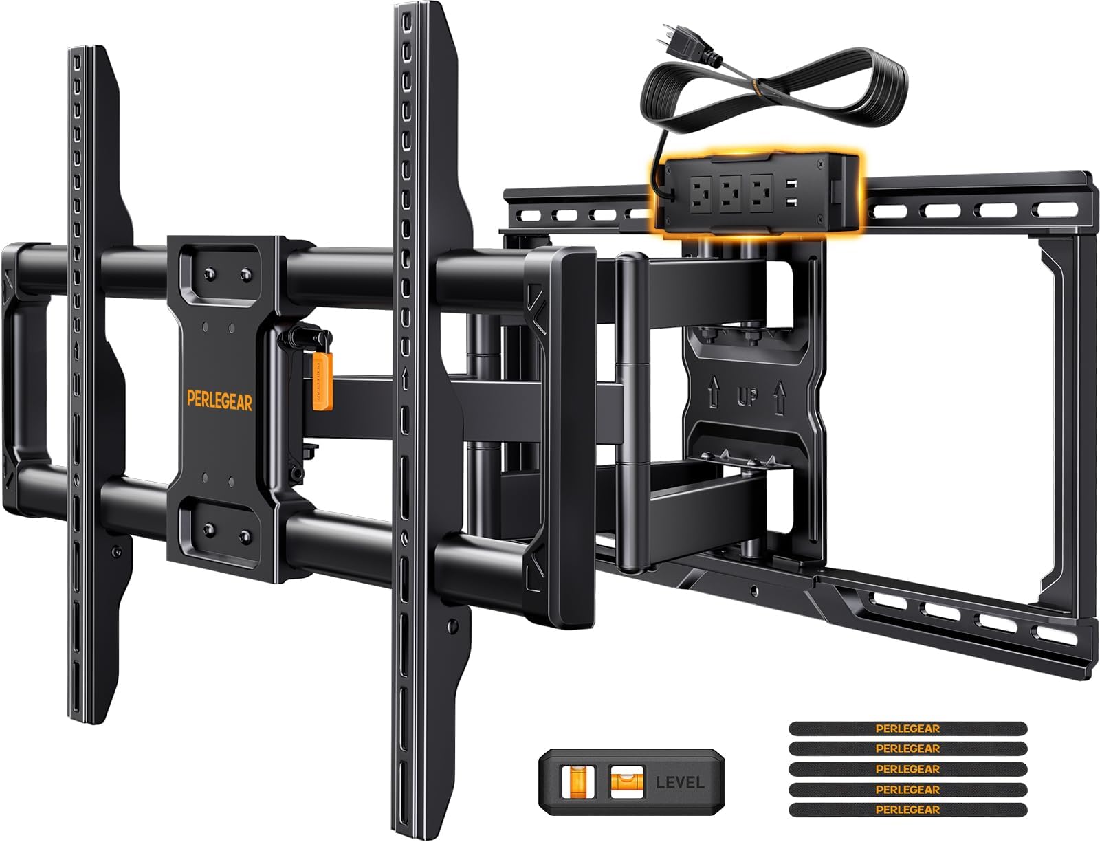 Full Motion TV Wall Mount with Power Strip for 42–90 Inch TVs up to 150 lbs, Pre-Assembled TV Mount Has Smooth Swivel, Tilt, Extension, Max VESA 600x400mm, 12“/16”/24” Wood Studs, PGLF11