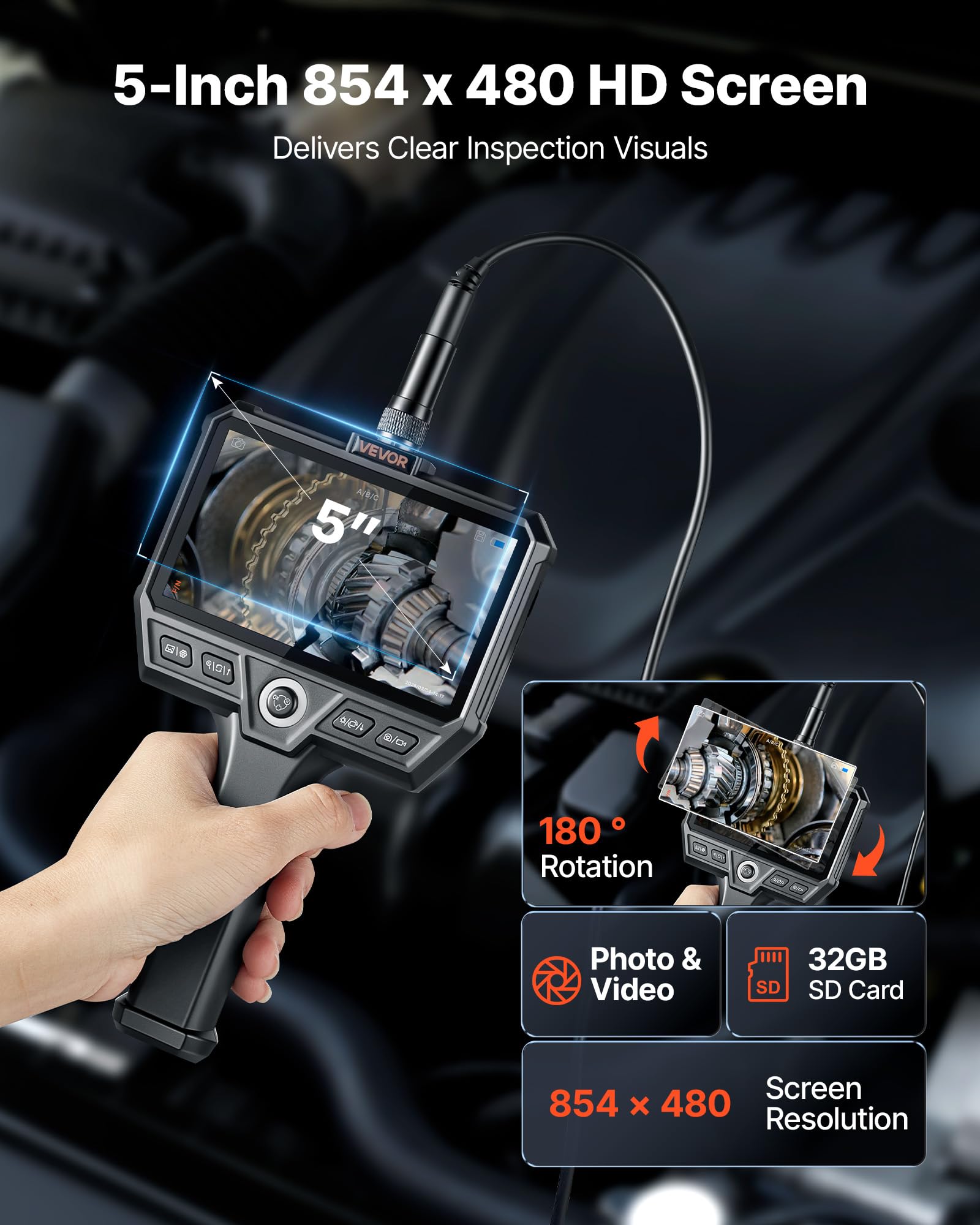 VEVOR Triple Lens Endoskopkamera mit Licht, Inspektionskamera mit 5 Zoll Bildschirm 10 m Kabel & 5000mAh Akku, 8 mm Rohrkamera mit 8X Zoom & IP67, Boroskopkamera mit Handgriff für Auto Rohre Abfluss