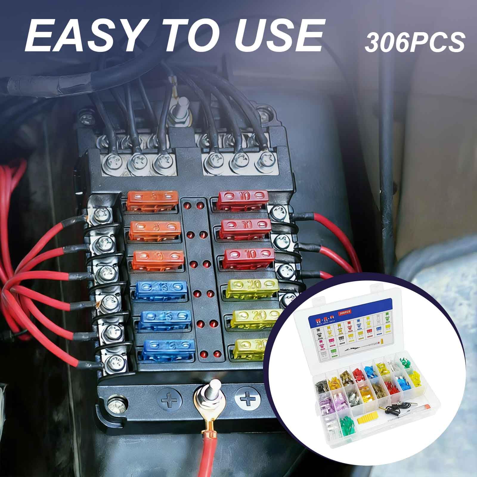 Kit assortito di 306 fusibili per auto, standard misti, mini e a basso profilo, fusibili a lama per veicoli, 2A, 5A, 7,5A, 10A, 15A, 20A, 25A, 30A, 35A, per camion, auto e SUV, barche