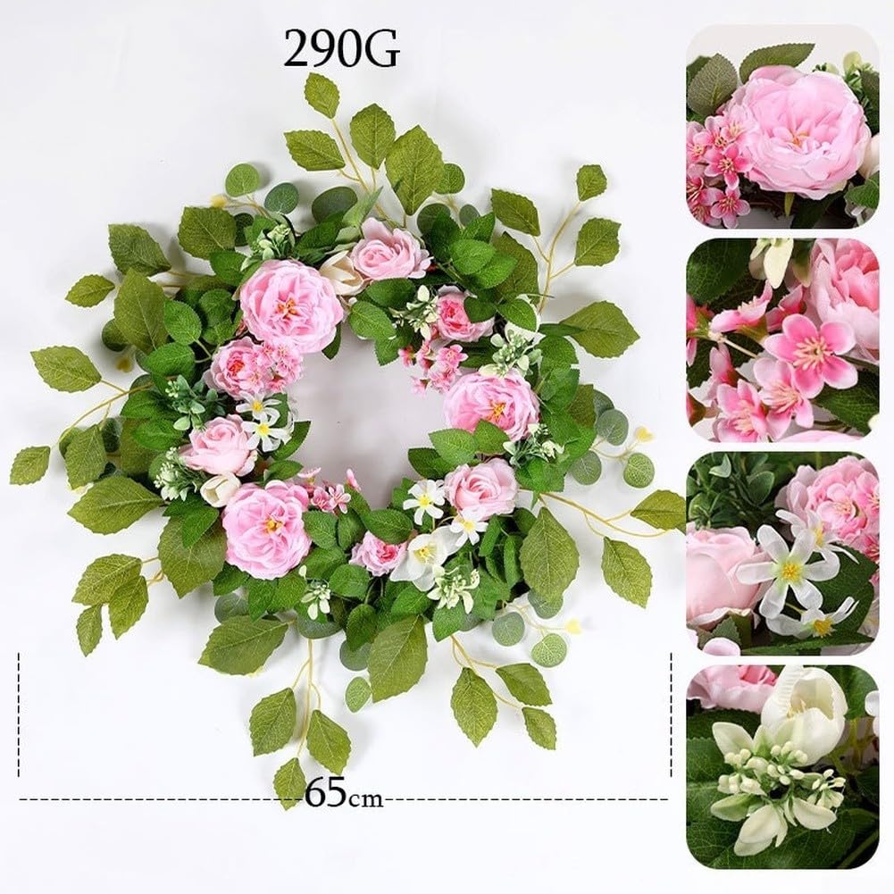 Corona floral artificial con ramo de rosas, peonías, eucaliptos y girasoles, 65 cm de diámetro, decoración del hogar para boda (polvo)