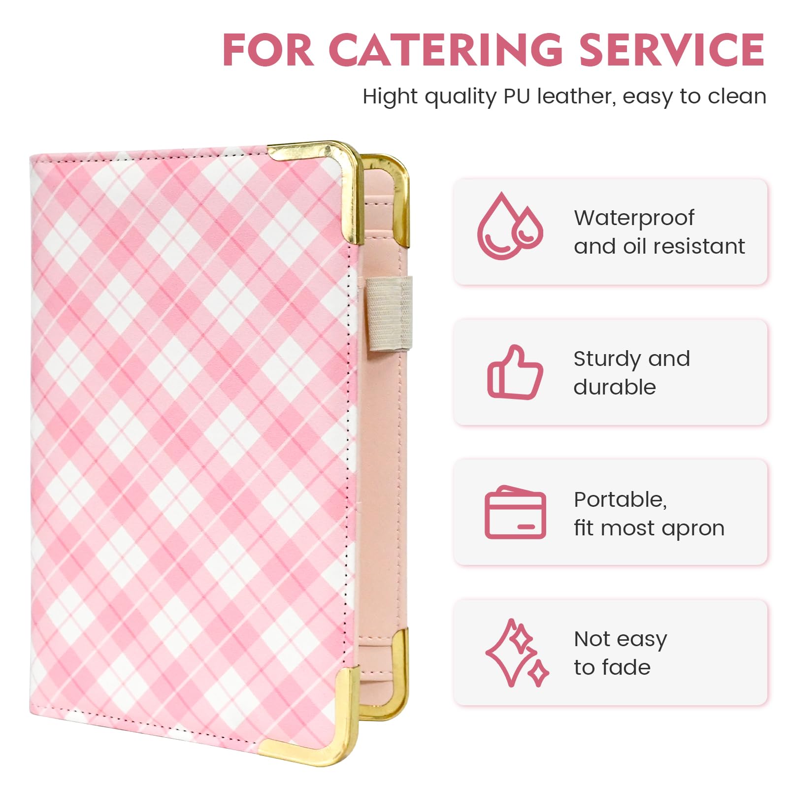 DGBDPACK Server Book for Waitress Organizer Wallet for Women Cute, Receipt Holder Presenter 5 Pockets Waiter Accessories (Pink Plaid)