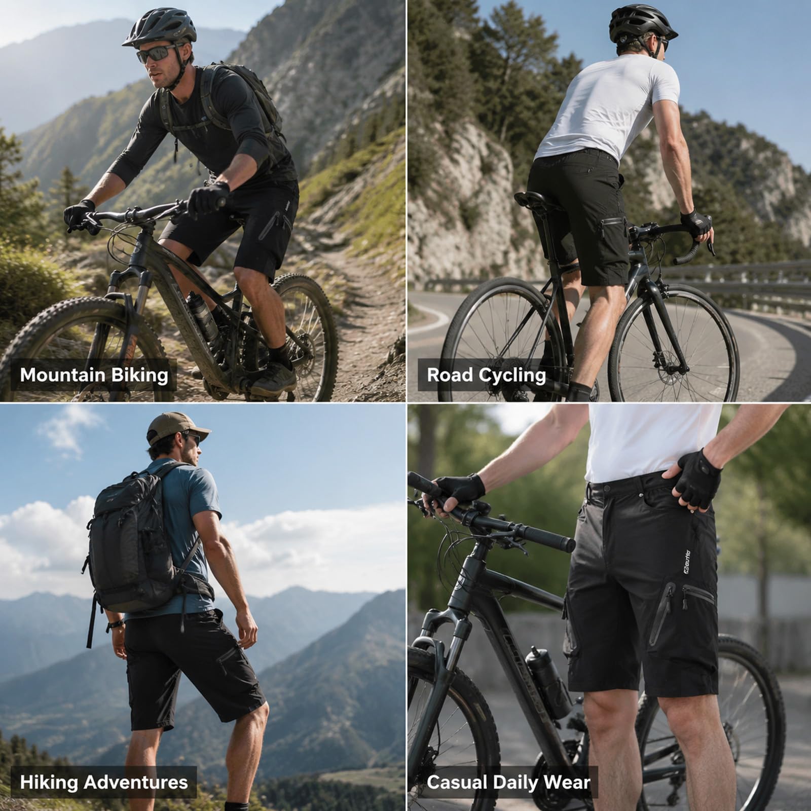 Męskie Szorty Rowerowe MTB, Luźne Spodenki Górskie Cargo, Szybkoschnące Wodoodporne Elastyczne Spodnie na Rower z 7 Bezpiecznymi Kieszeniami na Zamek, Wędrówki Casual Golf,Black-4XL