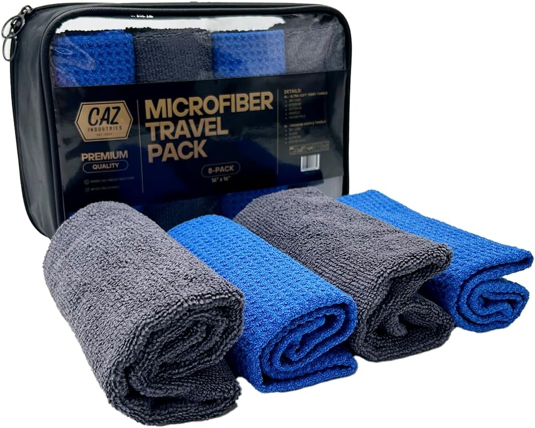 Microfiber Travel Set Towels 8-Pack – 16"×16" Terry Weave 340 GSM & Waffle Weave 350 GSM – Lint-Free, Scratch-Free Towels for Car Detailing, Glass, Interior & Household Cleaning