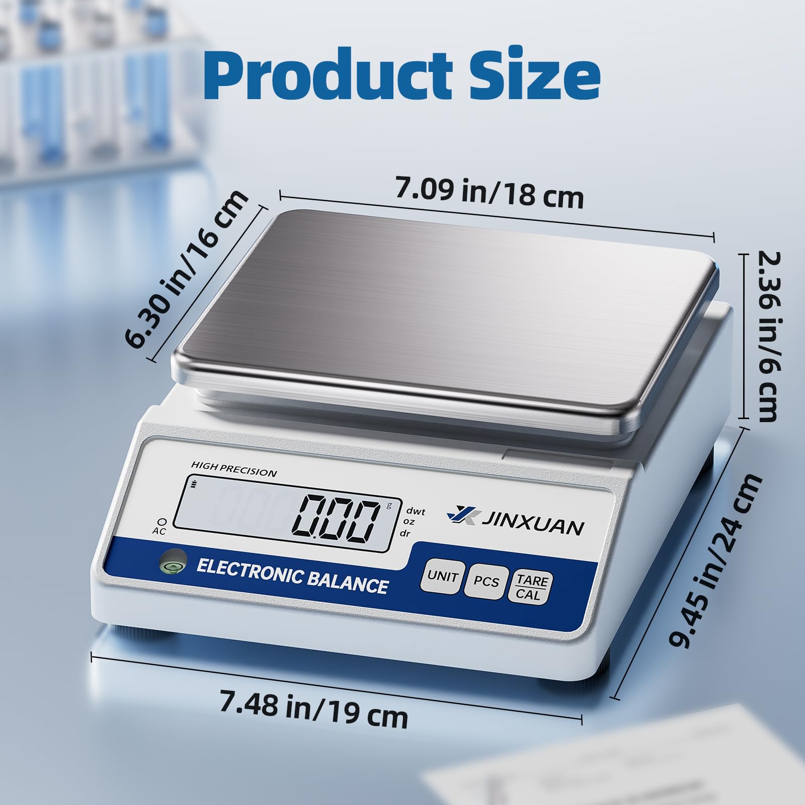 Báscula científica electrónica de alta precisión de 1000/0,01 g, balanza analítica con pantalla LCD de conversión de 7 unidades, pesos de calibración de 200 g y baterías recargables para