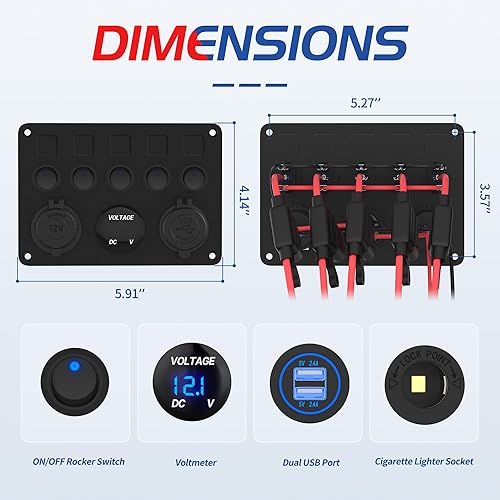 Miniatura 2 de RVMARINEPAT Panel de interruptor basculante de 5 bandas, con certificación UL, panel de interruptor de encendido y apagado de 12 voltios, LED azul