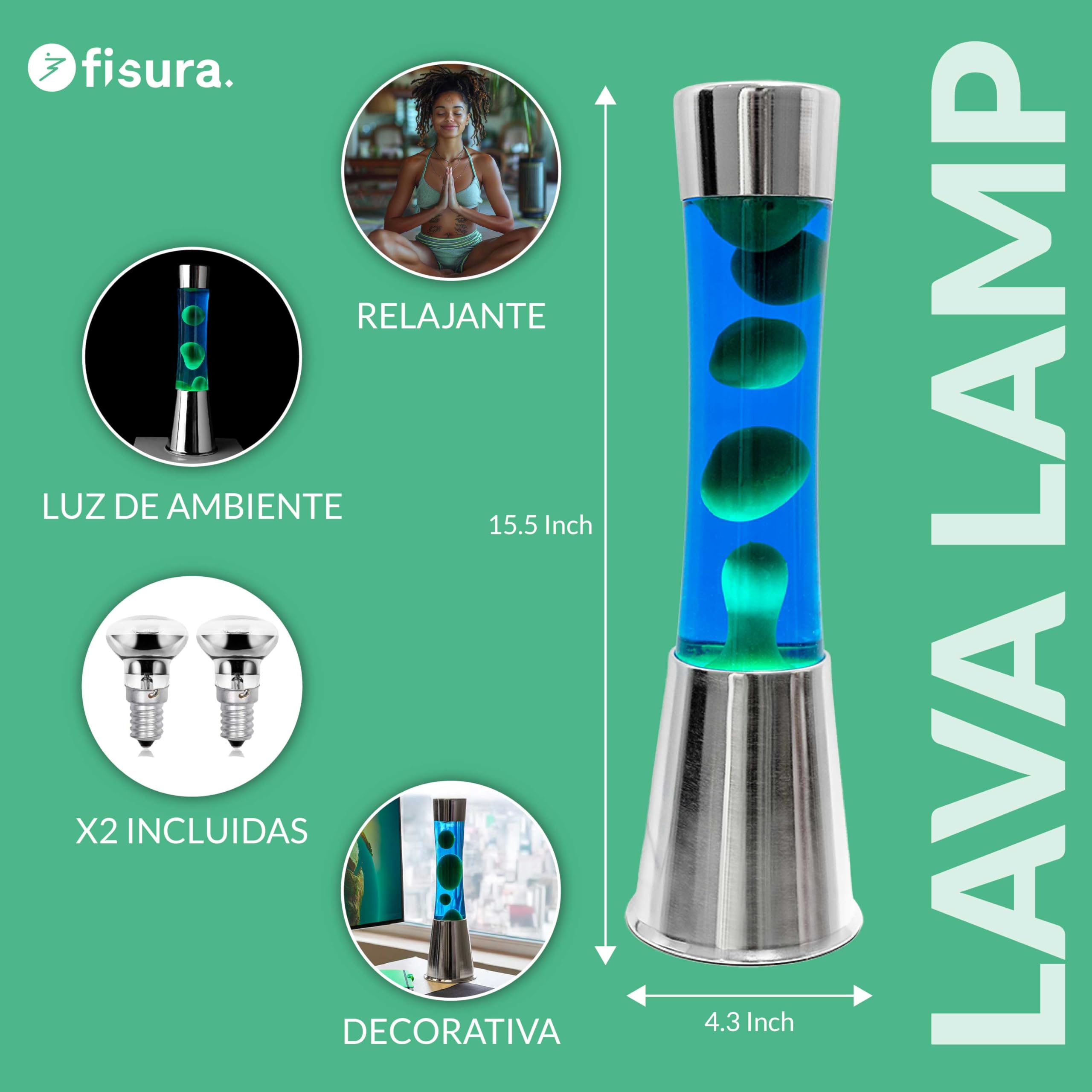 Fisura - Lámpara de lava verde y azul. Base cromada, líquido azul y lava verde. Lámpara efecto relajante. Con bombilla de repuesto. 11 cm x 11cm x 39,5 cm.