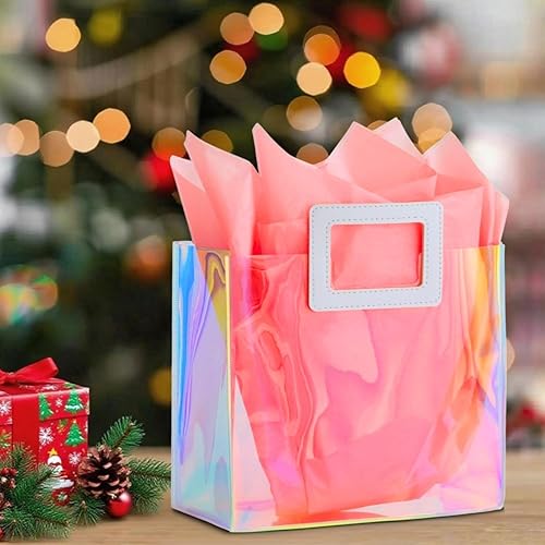 Miniatura 70 de Bolsa de regalo holográfica con papel de seda, reutilizable, bolsa de regalo de cumpleaños para mujeres y niñas, iridiscente, despedida de soltera