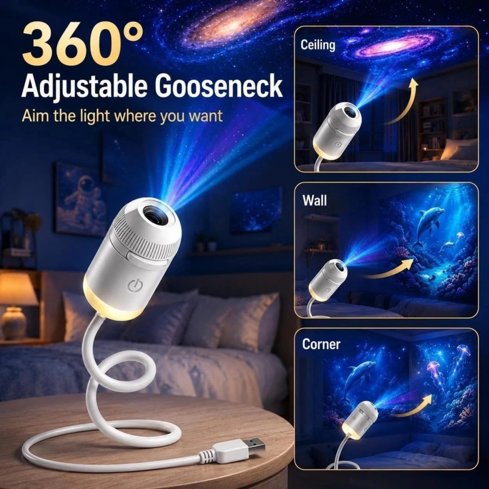 Comauo Nachtlicht Projektor 2-in-1 Sternenhimmel-Projektor, Sternenprojektor Auto & Schlafzimmer USB, 360° (12 Projection Films)