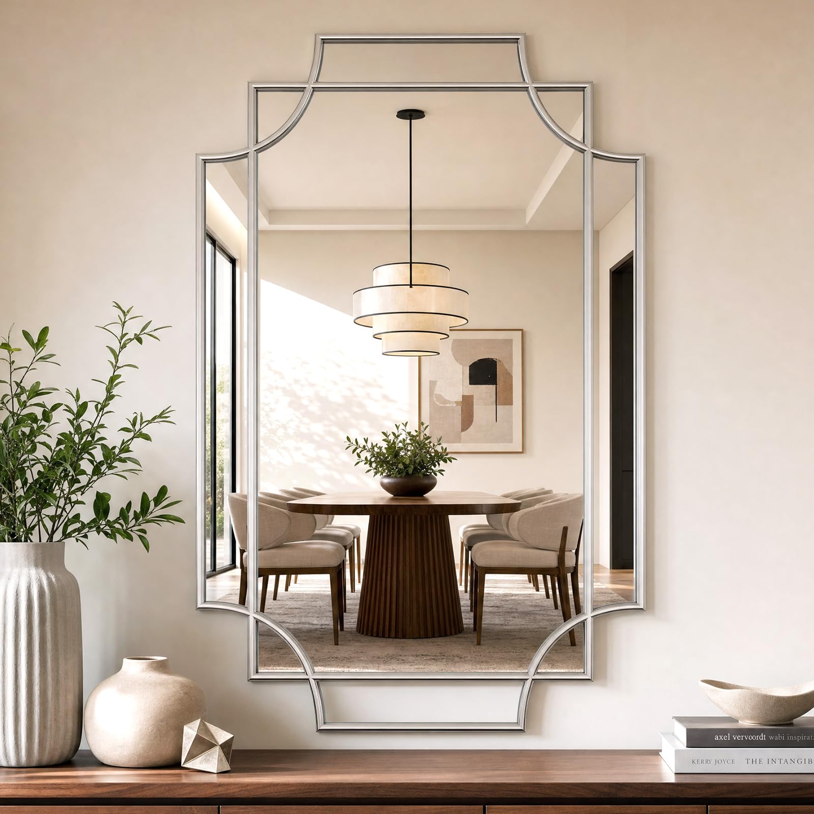 Sliver Mirror for Wall, 36"x24" Sliver Metal Framed, Scalloped Beveled Polished Rectangle Mirror, Large Decorative Mirrors for Wall Decor, Irregular Mirrors for Living Room, Bathroom Vanity, Entryway
